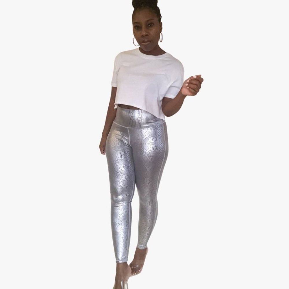 (NWT) Snake Print High Waist Leggings - Metallic Silver